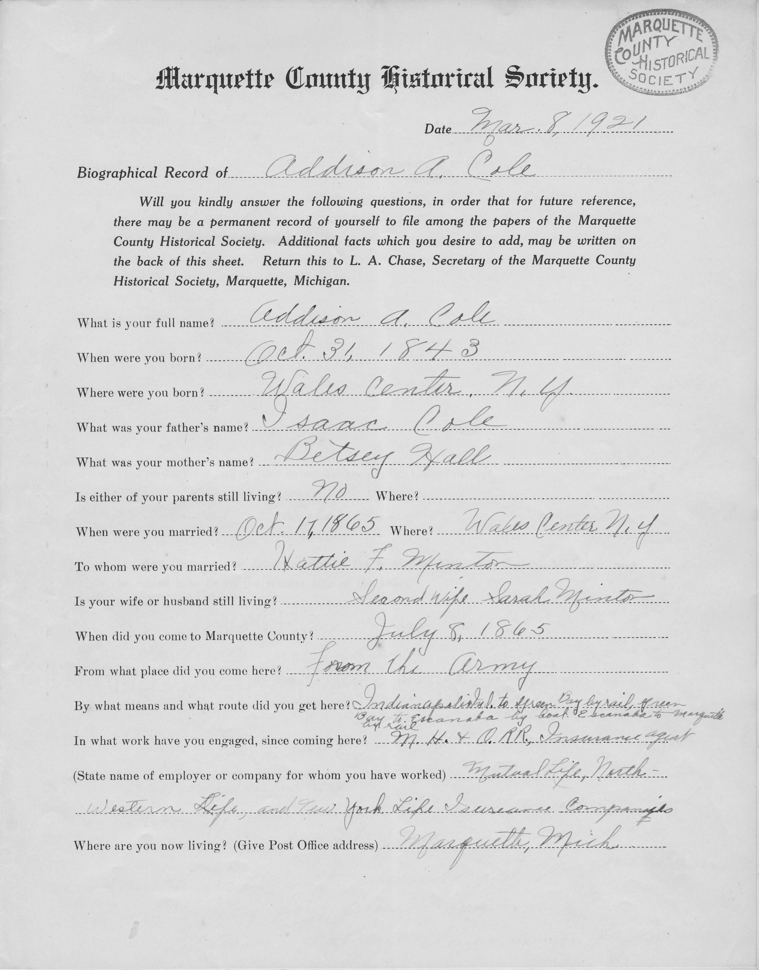 A completed Marquette County Historical Society biographical form for Addison A. Cole dated 1921.