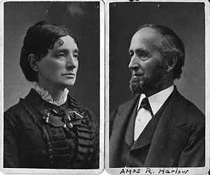 Side-by-side studio portraits of a woman in a high lace collar and a bearded man in a suit.