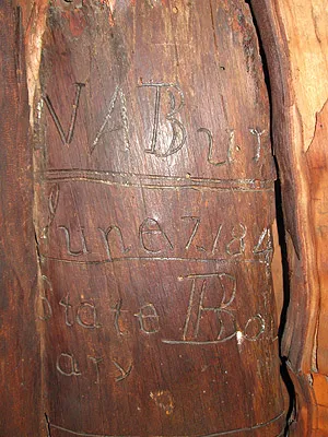 Tree trunk carved with 'W A Burt June 7 1844 State Boundary'.
