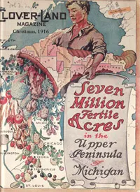 A man pours a cornucopia of crops over a map beside text reading 'Seven Million Fertile Acres'.
