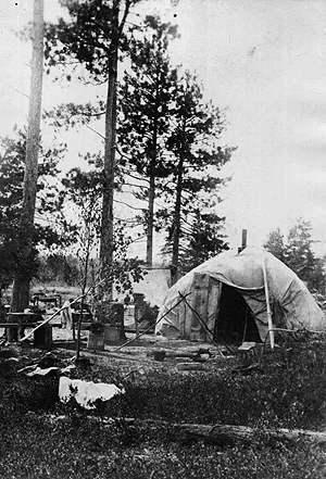 A dome-shaped wigwam with a small stovepipe standing in a forest clearing beneath tall pine trees.