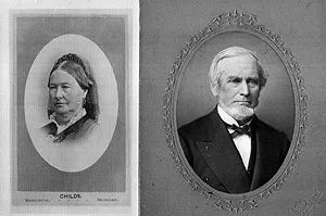 Side-by-side oval studio portraits of a woman in a lace collar and a bearded man in a suit.