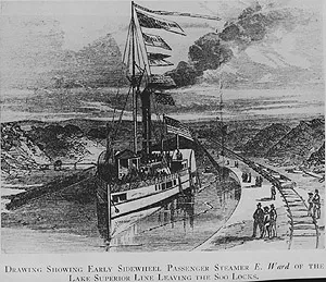 A steamship with flags and billowing smoke navigates a narrow canal lock beside spectators.