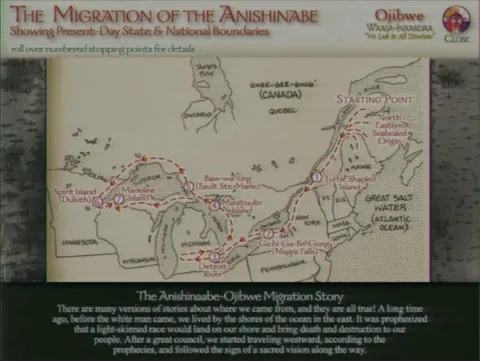 Map titled 'The Migration of the Anishinabe' depicting a numbered seven-stop migration path across the Great Lakes.