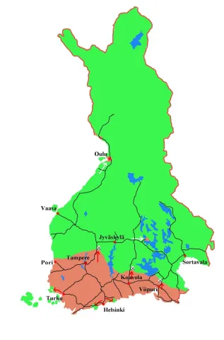 Map of Finland highlighting central and northern regions in green and southern regions in red to show immigrant origins.