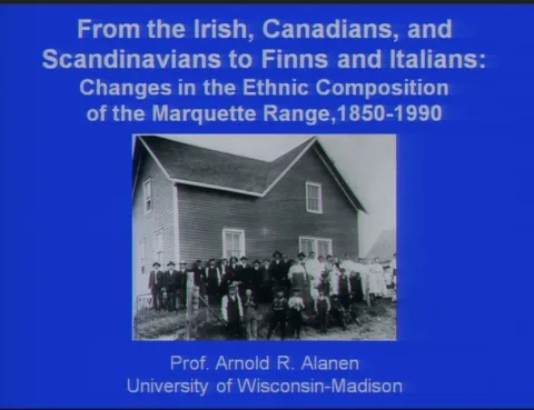 Title slide 'From the Irish, Canadians, and Scandinavians to Finns and Italians' with a group photo outside a wooden house.
