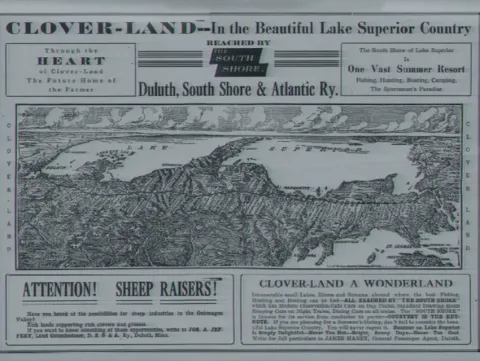 A Clover-Land promotional page with a map of Lake Superior and headline for Duluth, South Shore & Atlantic Ry.