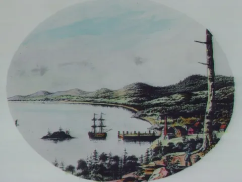 An oval illustration of a masted ship anchored in a harbor near a dock and coastal village.