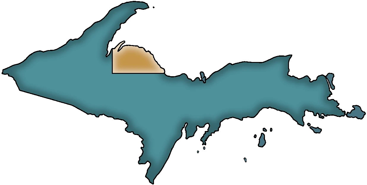 Outline of Michigan's Upper Peninsula, with the Marquette Iron Range highlighted.